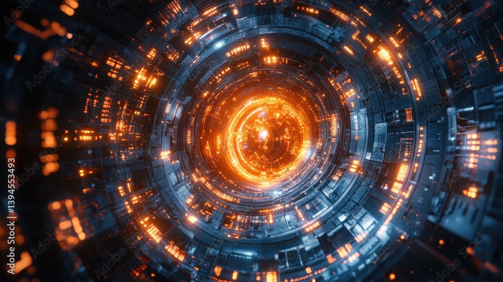 Poster a futuristic, circular tunnel with glowing orange lights and intricate metallic structures, creating