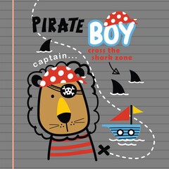 Cartoon pirate lion with striped shirt and red bandana, sailing on a boat in a playful children's design.
