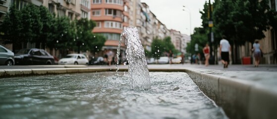 A tranquil city scene with a flowing fountain surrounded by trees and buildings, capturing a moment of urban relaxation.