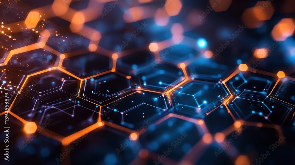 Poster a close-up view of a hexagonal pattern illuminated with vibrant blue and orange lights, creating a h