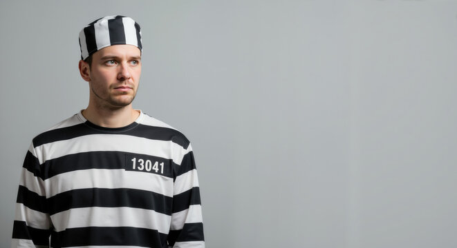 Young man in black and white striped prison uniform with number tag against light gray background. Criminal justice concept for legal system education and social rehabilitation programs