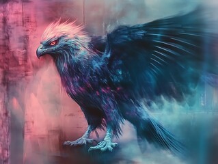 In the eerie double exposure abstract photograph, a nightmarish holographic griffin manifests with 