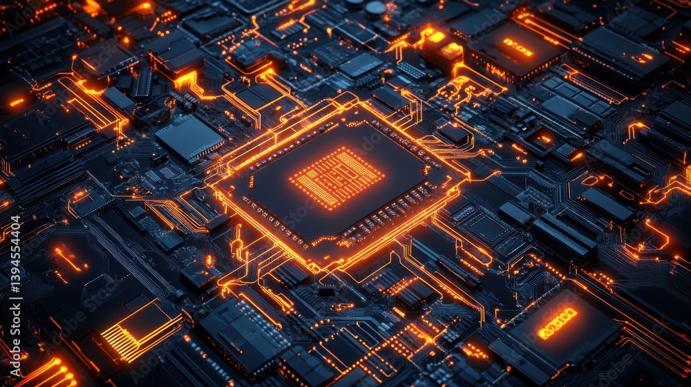 Poster a detailed close-up of a futuristic circuit board with glowing orange lines and intricate components
