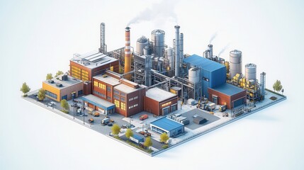 A detailed illustration of a modern industrial complex featuring factories, smokestacks, and various machinery set against a clear background.