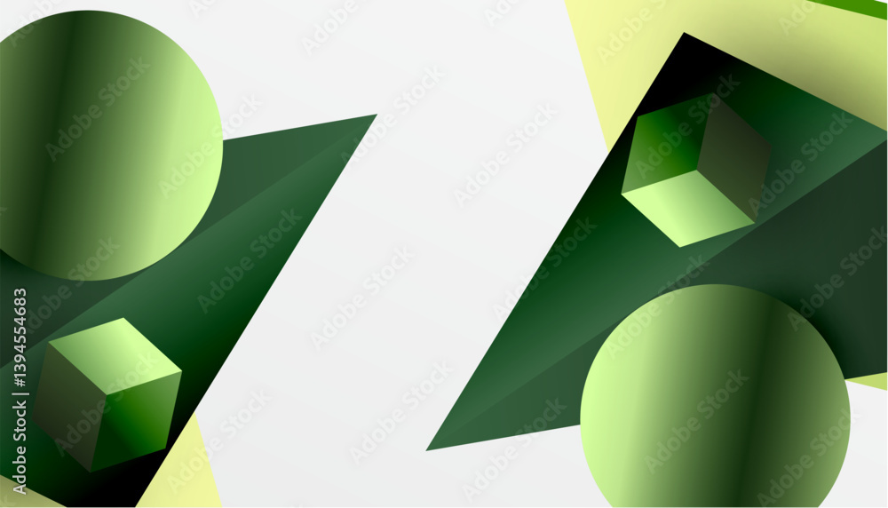 Aufkleber Abstract composition featuring geometric shapes. Spheres, cubes, triangles overlap, creating layered visual effect. Green hues dominate, with subtle yellow accents. Minimalist design.