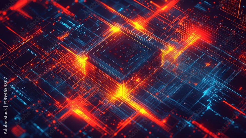Poster a vibrant digital illustration showcasing intricate circuitry with glowing patterns in blue and oran