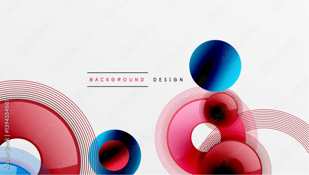 Poster abstract design features overlapping circles, curved lines. red, blue gradients dominate white backg