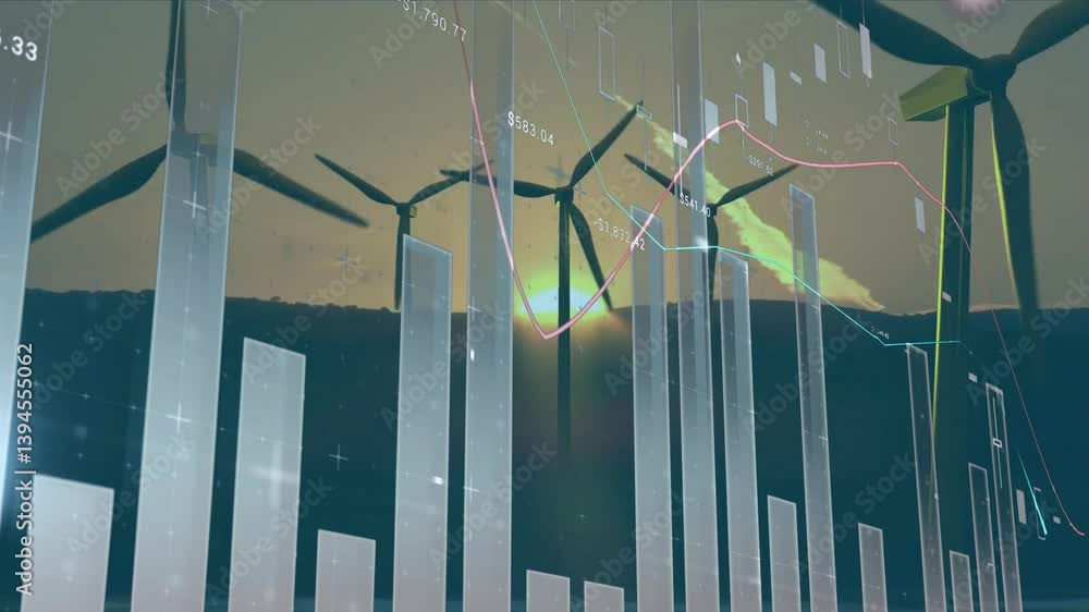 Poster animation of wind turbines turning with financial graphs overlaying in scene