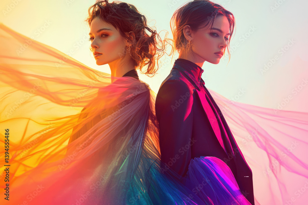 Poster two models stand back-to-back, draped in vibrant, flowing fabric, creating a stunning and artistic p