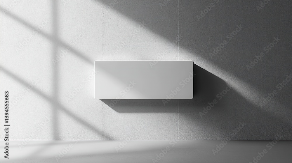Poster a minimalistic wall scene featuring a white rectangular object casting shadows on a textured gray su