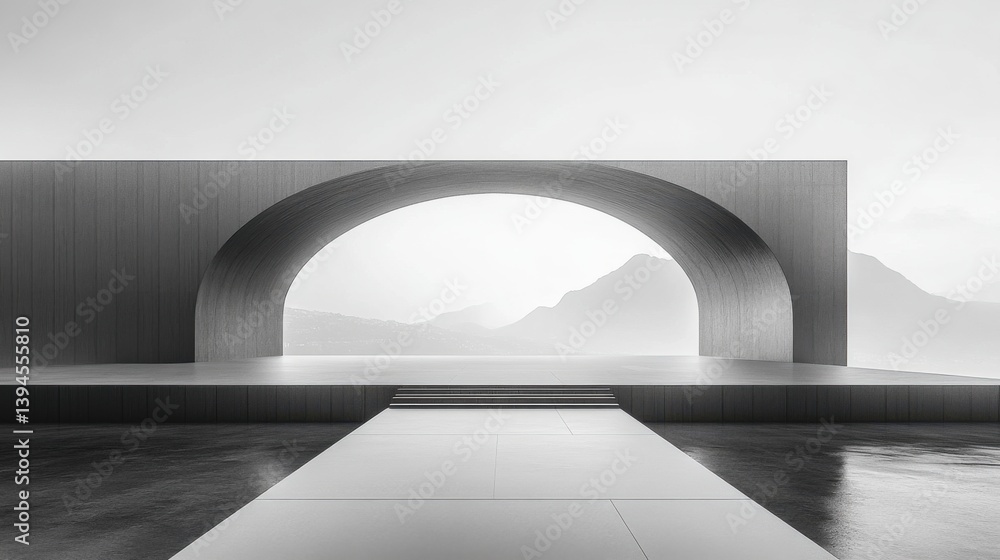 Poster a minimalist architectural scene featuring a large archway with mountains in the background, creatin