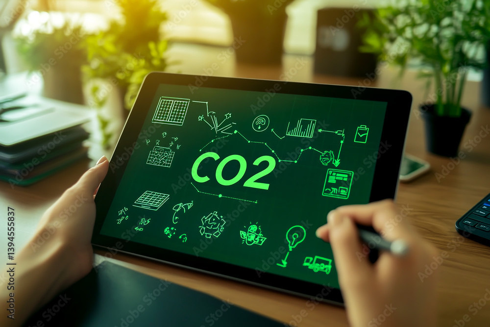 Poster a person is using an ipad to draw a green carbon footprint, on the screen there's a graph showing a 