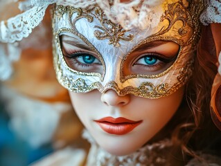 36. A woman wearing an elegant Venetian mask at a masquerade ball