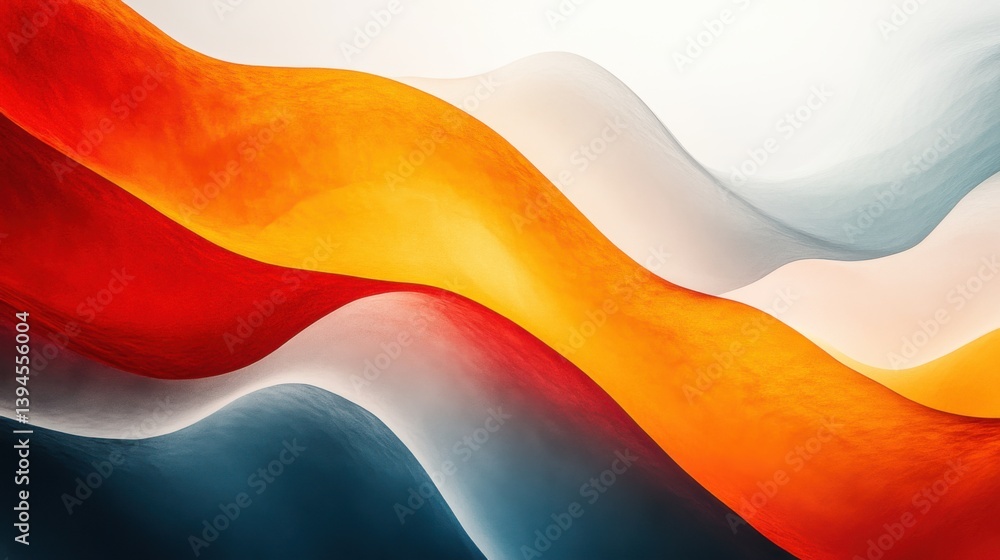 Poster a vibrant abstract image featuring smooth, flowing waves in red, orange, white, and blue tones, crea