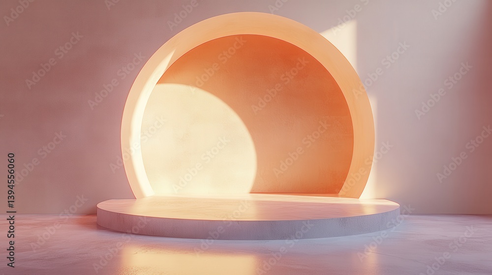 Poster a minimalistic interior scene featuring a semi-circular structure with soft lighting and warm tones,