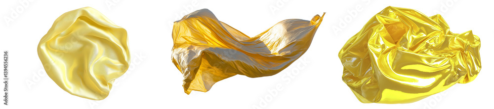 Aufkleber elegant fabric forms created from shiny golden material in isolated minimalist mockups for artistic 