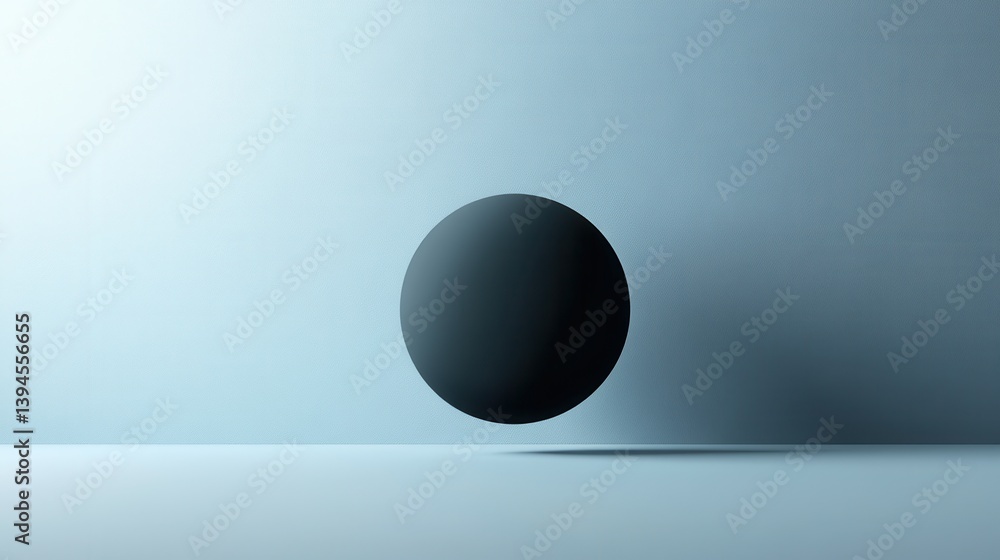 Poster a minimalistic image featuring a floating black sphere against a light blue background, creating a s