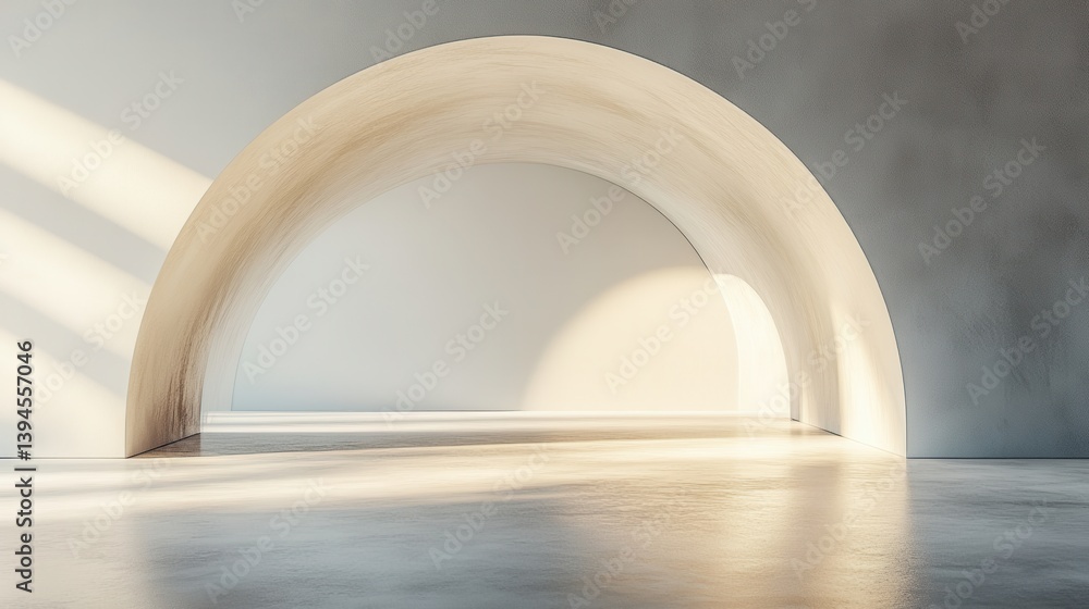 Poster a minimalist interior space featuring a smooth arch and soft lighting, creating a serene atmosphere 