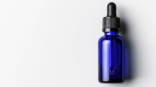 Blue glass dropper bottle with a black cap, isolated on a white background, showcasing a drop of liquid.