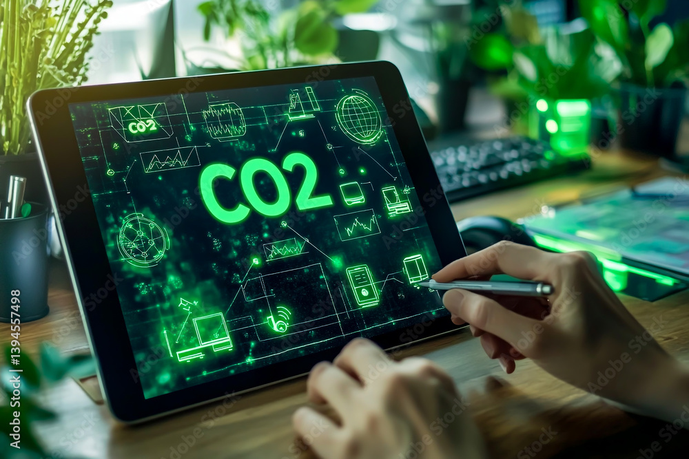 Poster a person is using an ipad to draw a green carbon footprint, on the screen there's a graph showing a 