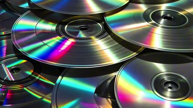 Stack of multicolored CDs with vivid reflections and metallic rainbow shine, arranged tightly. Concept of digital Y2K nostalgia and technology
