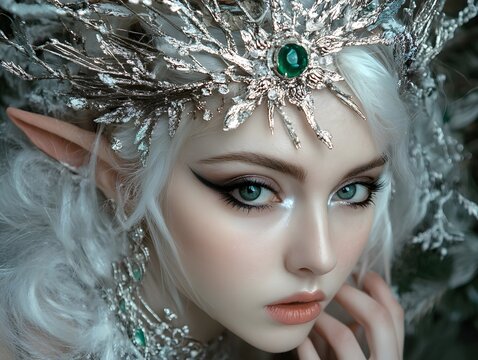 44. A mystical elf queen with silver hair and emerald eyes