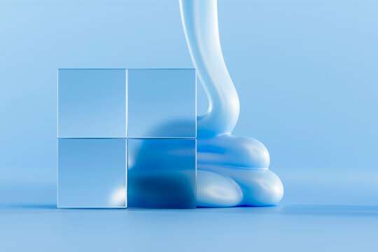 Abstract image of blue paste with transparent cubes in a modern design