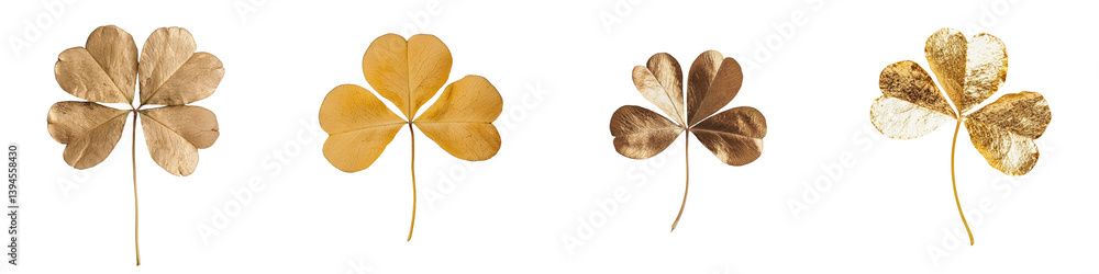 Aufkleber minimalist mockups showcasing isolated golden clovers with varying textures and hues arranged symmet