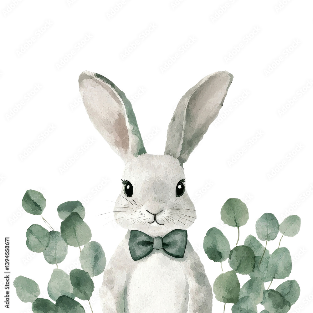 Poster creative design featuring a minimalist rabbit with greenery in a peaceful and artistic setting