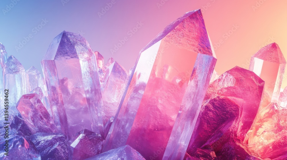 Poster a vibrant array of crystalline formations reflecting light, showcasing a stunning blend of colors an