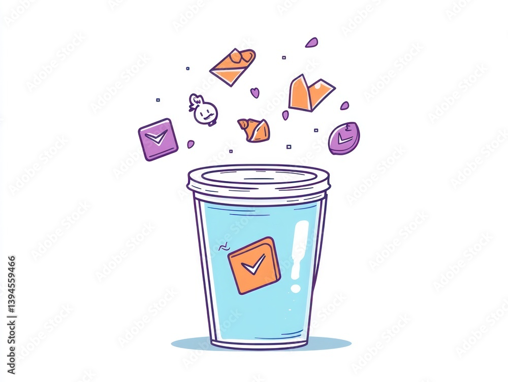 Poster a clear cup filled with water, various small objects float above