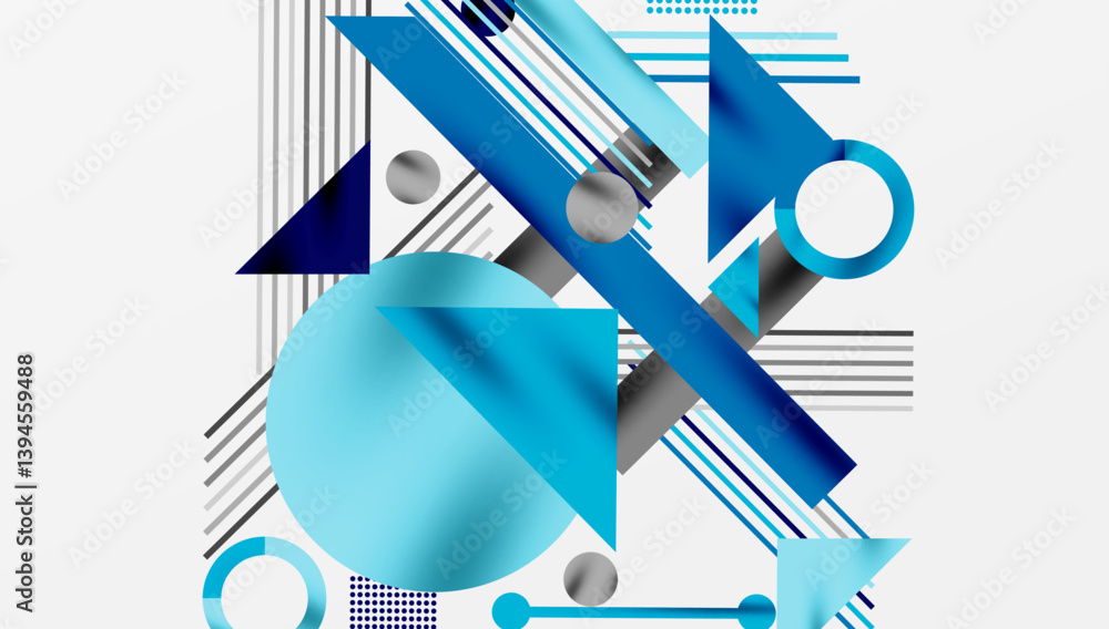 Poster Abstract geometric composition. Blue, gray shapes overlap, creating dynamic visual effect. Lines, circles, triangles form modern design. Minimalist aesthetic.
