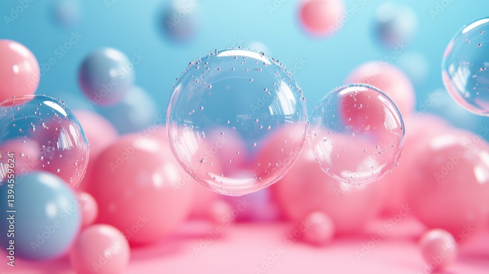 Poster colorful bubbles float against a soft blue and pink background, creating a playful and whimsical atm