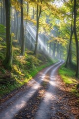 Obraz premium Sunlight Filtering Through Trees Illuminating Forest Path in Autumn Scenery