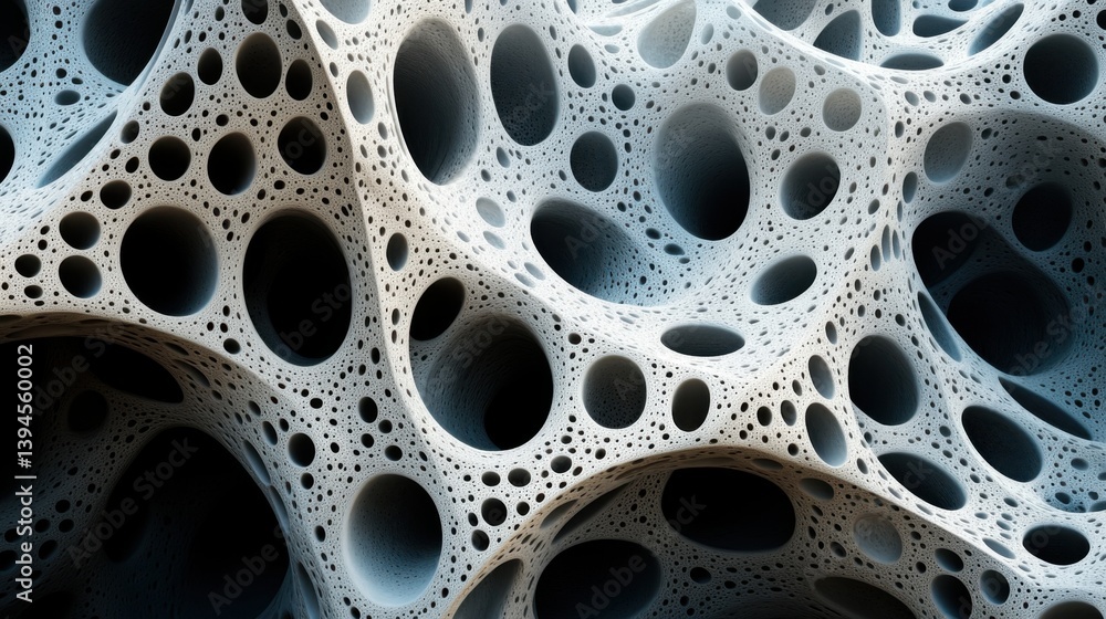 Poster abstract representation of interconnected, porous structures with varying hole sizes, creating a vis