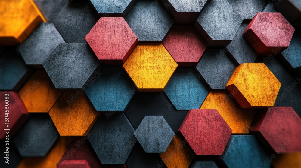 Poster a vibrant, textured arrangement of hexagonal shapes in various colors, creating a visually striking 