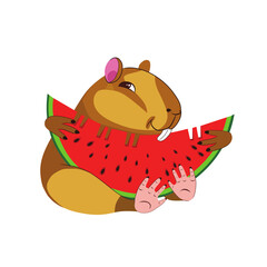 Illustration of a capybara eating a watermelon. Element for composition, print, design.
