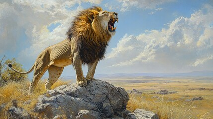 A male lion roaring atop a rocky hill in the African wilderness, its mane flowing in the wind, with a backdrop of endless savanna.