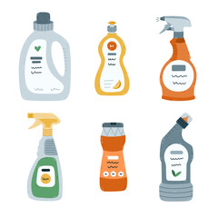 Childish cartoon set with detergent products in different bottles for housekeeping. Hand drawn laundry gel, dishwashing powder, toilet cleaner, spray. Clipart to cleanse apartment isolated on white.
