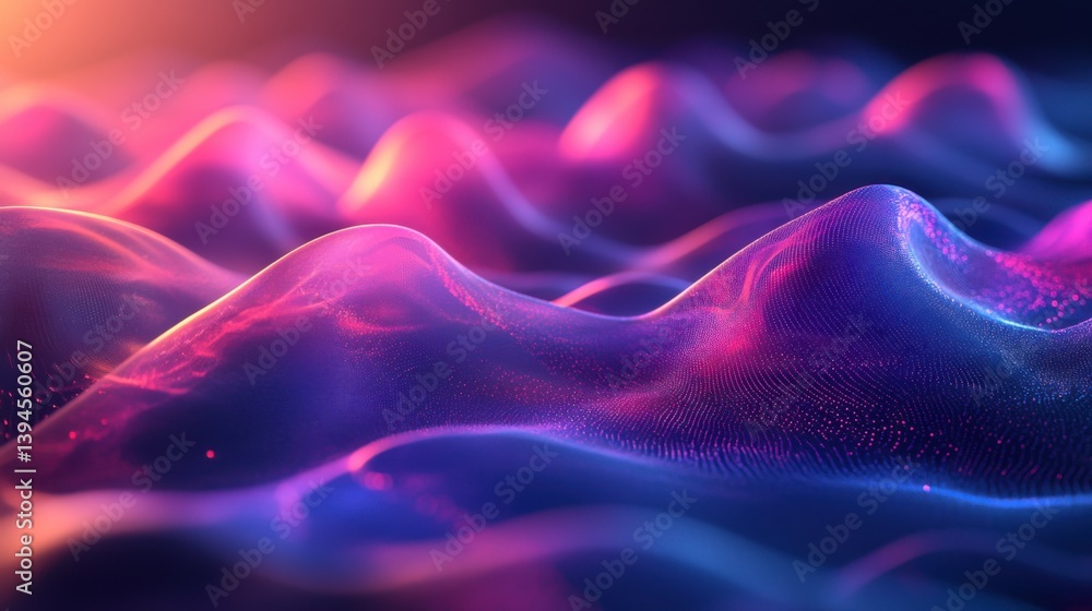 Poster a vibrant, abstract representation of waves, featuring a blend of purple and pink hues, creating a d
