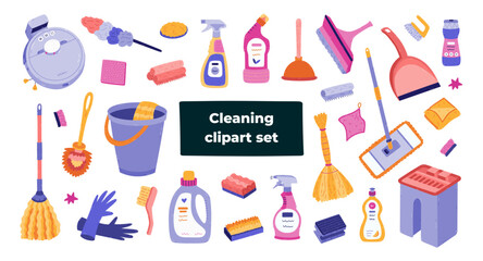 Big cartoon set with cleansing supplies clipart in trendy bright colors. Hand drawn collection to clean up dirt, grime, dust, garbage, mess in the apartment. Lovely housekeeping devices and cleansers.