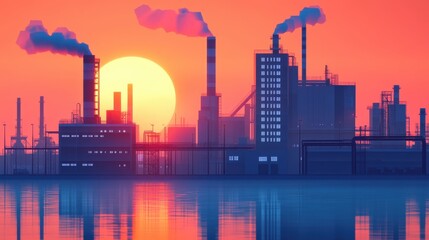 A vibrant industrial skyline at sunset with smokestacks and reflections on water, capturing the essence of modern industry against a colorful backdrop.