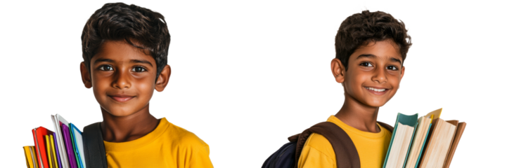 Cheerful schoolboys with books showcasing minimalist mockup style on white background