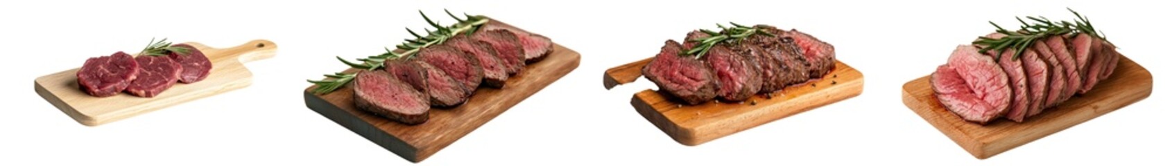 Fototapeta premium Varied cuts of succulent roast beef displayed on wooden boards with fresh herbs for an appealing presentation