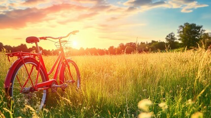 Naklejka premium Red bicycle in a golden field at sunset