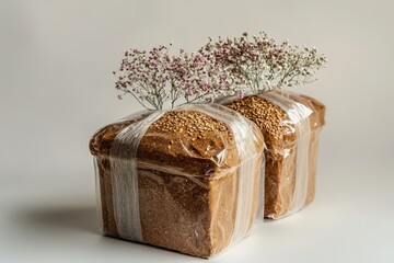 Two wrapped loaves of bread with delicate floral sprigs atop them
