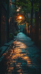 Old cobblestone street at night in the city.