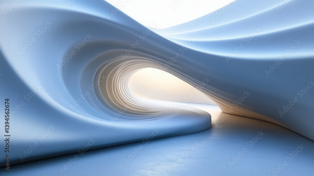 Poster a smooth, flowing architectural design featuring soft curves in shades of blue, creating a serene an