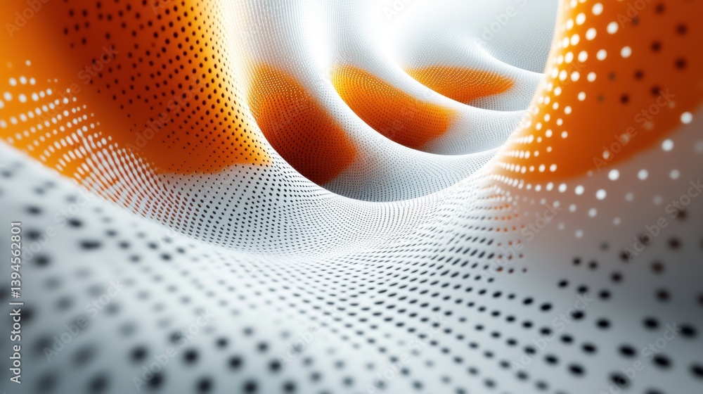 Poster abstract design featuring flowing curves, dotted patterns, and vibrant orange accents against a whit