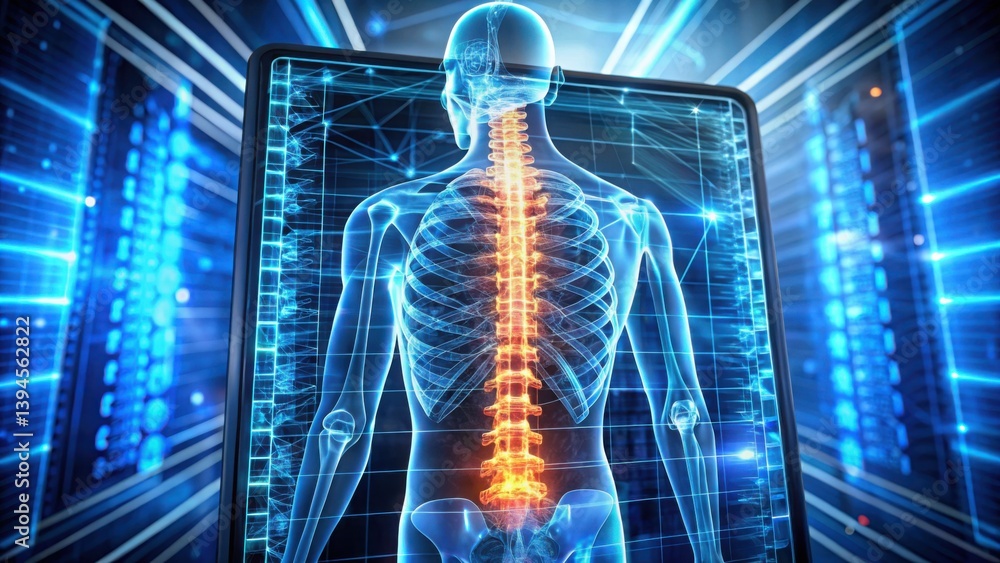 Poster Futuristic Spine Scan Visualization with Digital Interface and Data Flow
